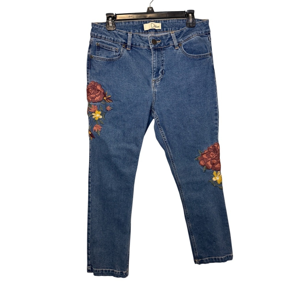 Dittos Women's Straight Leg Jeans with Red Floral Embroidery - Blue